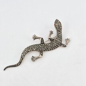 Vintage Signed Sterling Silver Marcasite Lizard with Red Eyes Brooch